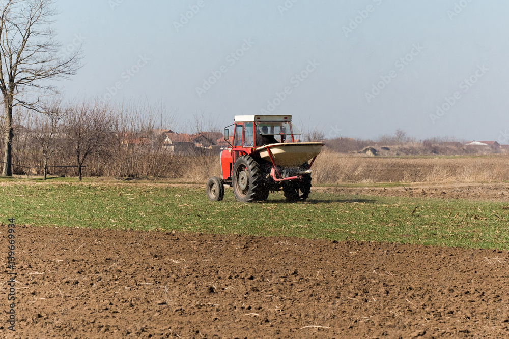 Fototapeta premium Tractor spreading artificial fertilizers