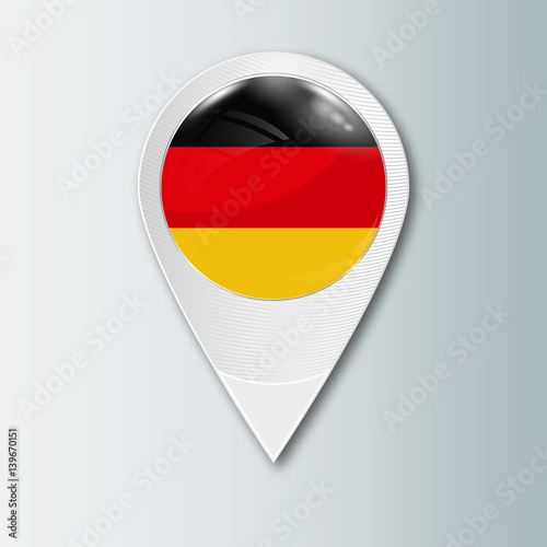 Pointer with the national flag of Germany in the ball with reflection. Tag to indicate the location. Realistic vector illustration.