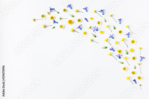 Flowers composition. Frame made of various colorful flowers on white background. Easter  spring  summer concept. Flat lay  top view