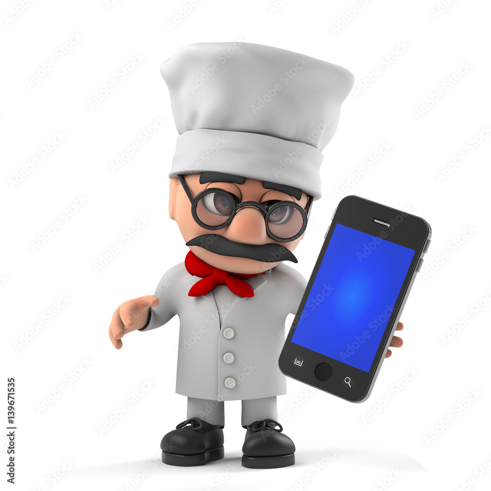 3d Funny cartoon Italian pizza chef character has a new smartphone 3d Funny cartoon Italian pizza chef character has a new smartphone