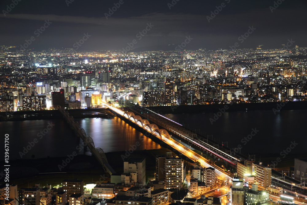 Osaka city in Japan cityscape at night view Osaka city in Japan cityscape at night view