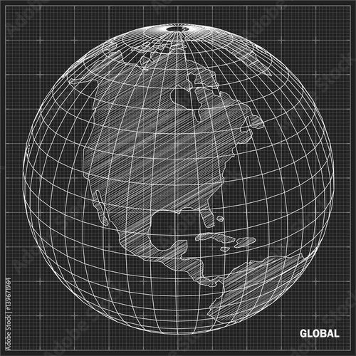 wireframe and earth model (3d model derived from source map- http://visibleearth .nasa.gov/) - Vector