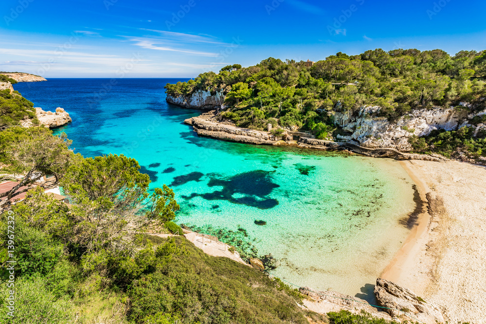Idyllic view of the beautiful beach cove of Cala Llombards on Majorca Spain, Mediterranean Sea