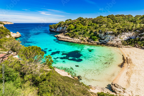 Idyllic view of the beautiful beach cove of Cala Llombards on Majorca Spain, Mediterranean Sea