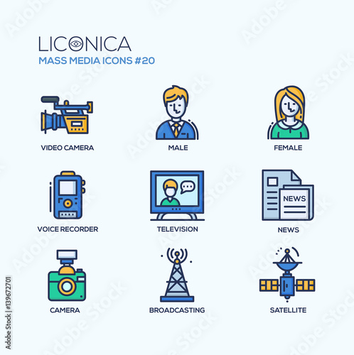 Mass Media - coloured modern single line icons set