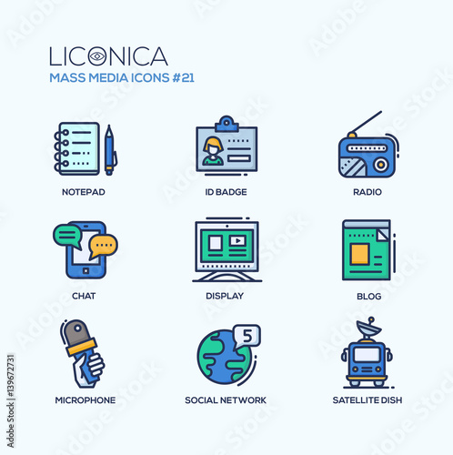 Mass Media - coloured modern single line icons set