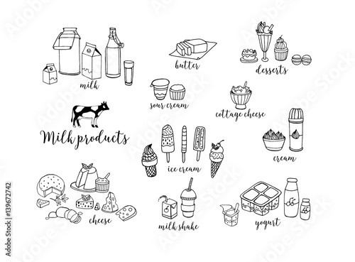 Set of hand drawn contour dairy products. Cheese, milk shake, butter, yogurt, cottage cheese, sour cream, desserts, cow. Vector illustration on white background.