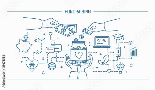 Fundraising. Line art flat contour vector illustration.