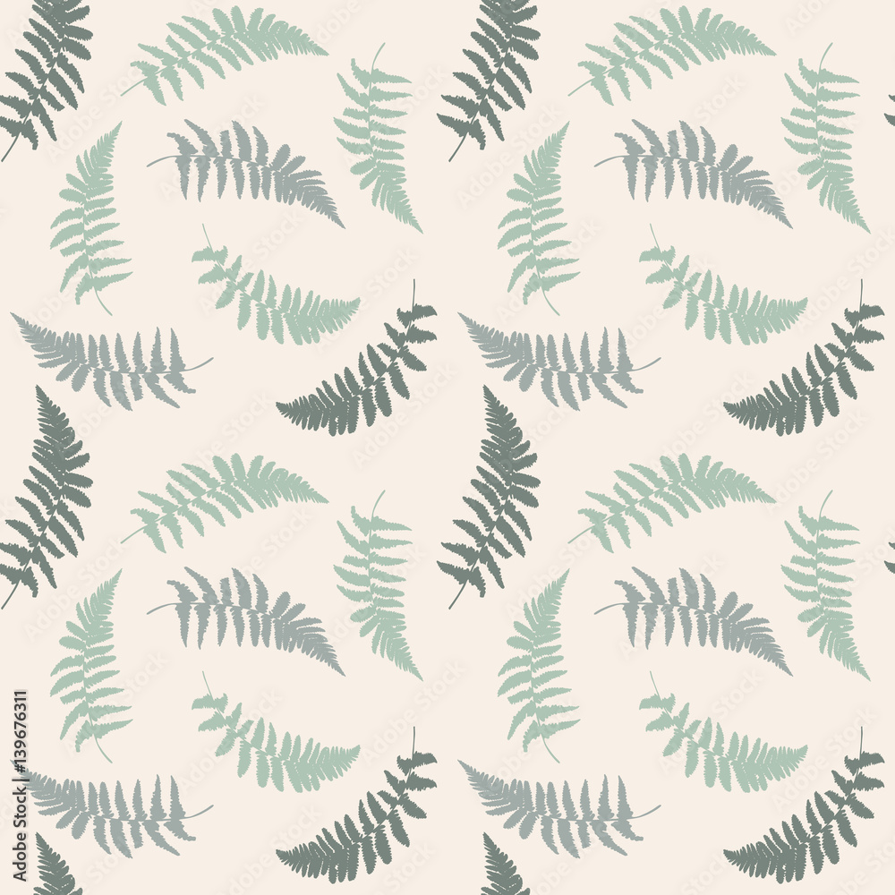 Vector seamless floral pattern with hand drawn wild  fern leaves in shades of green and gray colors.