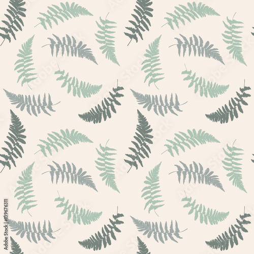 Vector seamless floral pattern with hand drawn wild fern leaves in shades of green and gray colors.