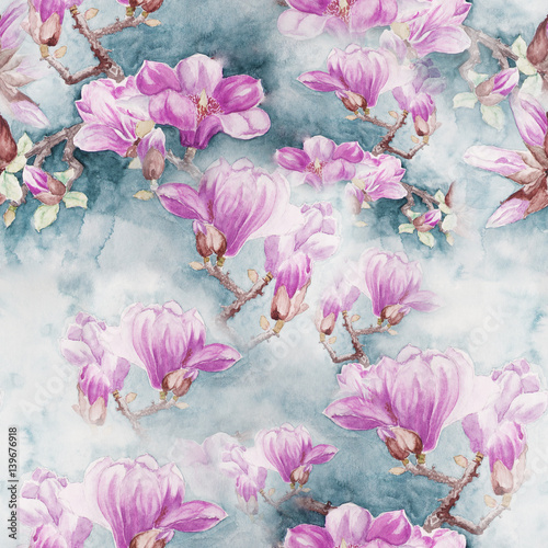Magnolia. Watercolor. Seamless pattern. Branches are flowering.Wallpaper. Use printed materials, signs, posters, postcards, packaging.