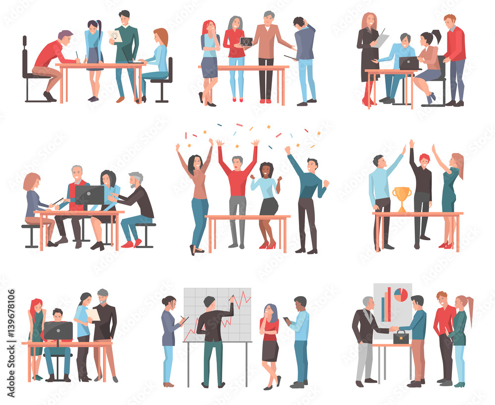 Set of Teams Discussing Idea and Celebrating. Set of Teams Discussing Idea and Celebrating.