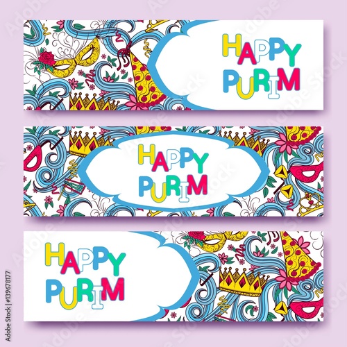 Purim coloreful banners collection with carnival masks and jester hats, crowns, traditional Hamantaschen cookies. Vector illustration.