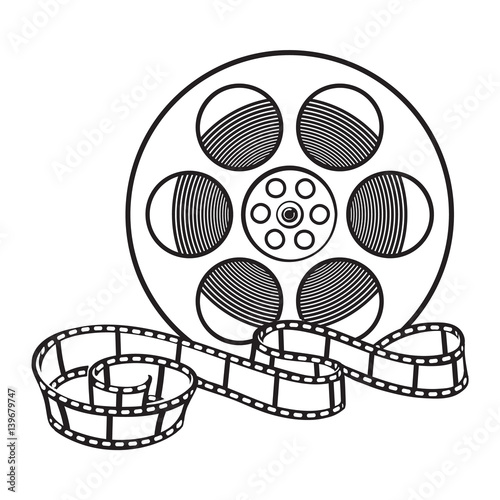 Classical motion picture, cinema film reel, sketch style black and white vector illustration isolated on white background. Hand drawn film reel, cinema object, footage material