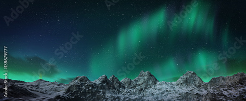 Aurora borealis above snowy islands