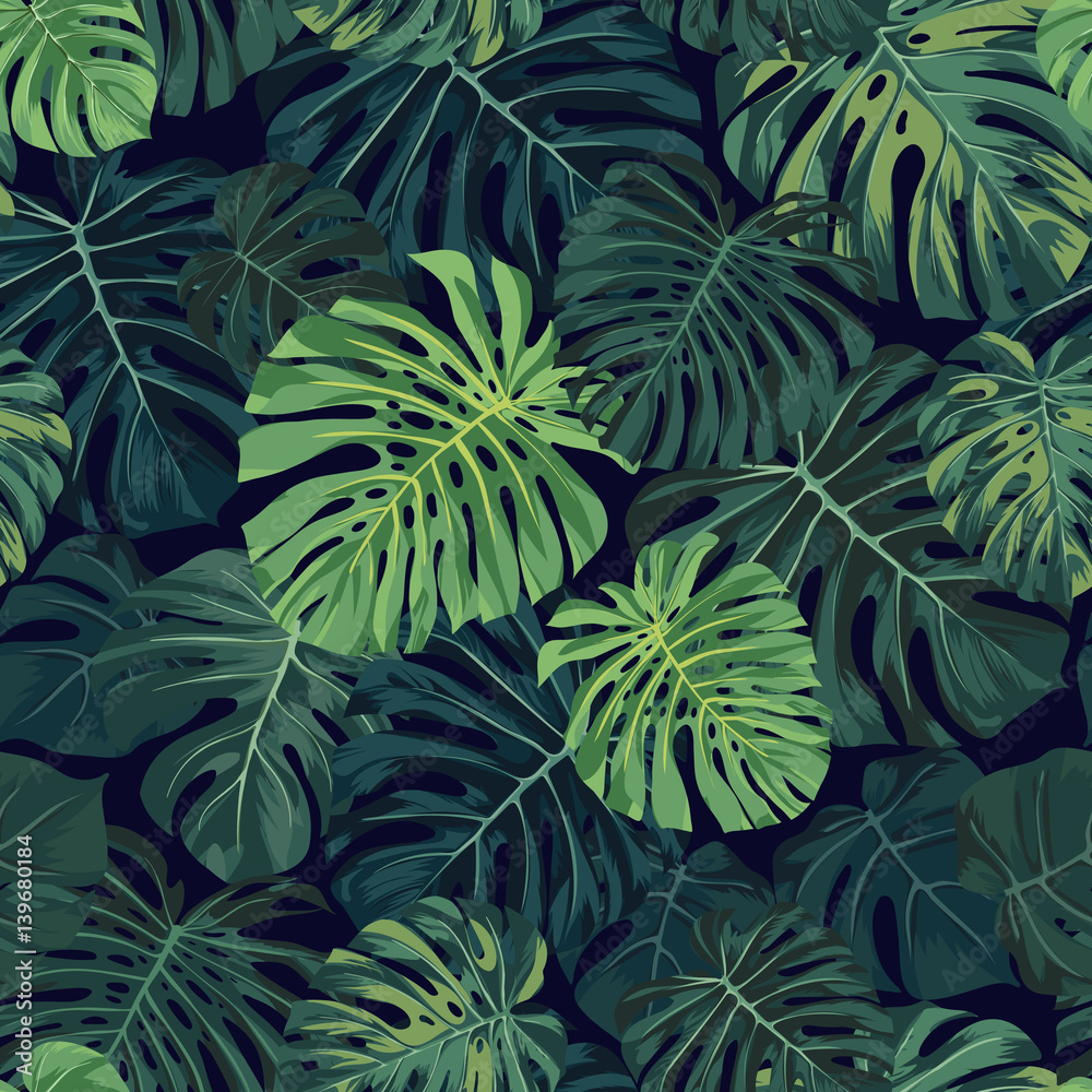 Obraz premium Bezszwowy wektorowy tropikalny wzór z zieloną monstera palmą opuszcza na ciemnym tle. Egzotyczny hawajski wzór tkaniny.