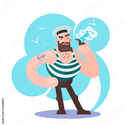 Bearded sailor with smoking pipe