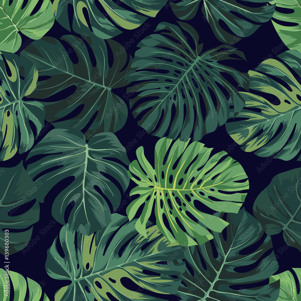 Vector seamless pattern with green monstera palm leaves on dark background. Summer tropical fabric design. - obrazy, fototapety, plakaty 