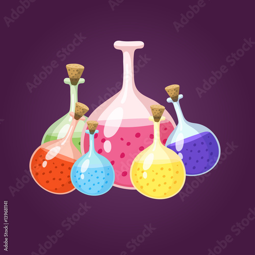 Chemical laboratory flask glassware tube liquid biotechnology analysis and medical scientific equipment chemistry lab xperiment vector illustration. photo