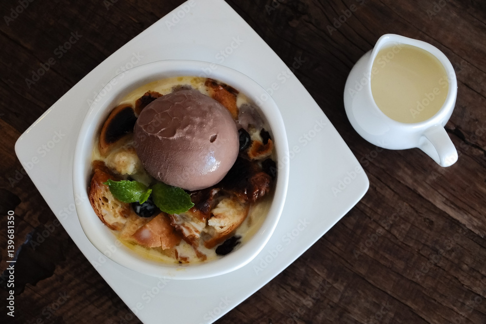 freshly baked croissants pudding with chocolate icecream