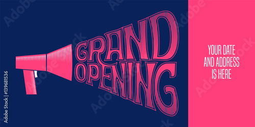 Grand opening vector illustration with mouthpiece and lettering