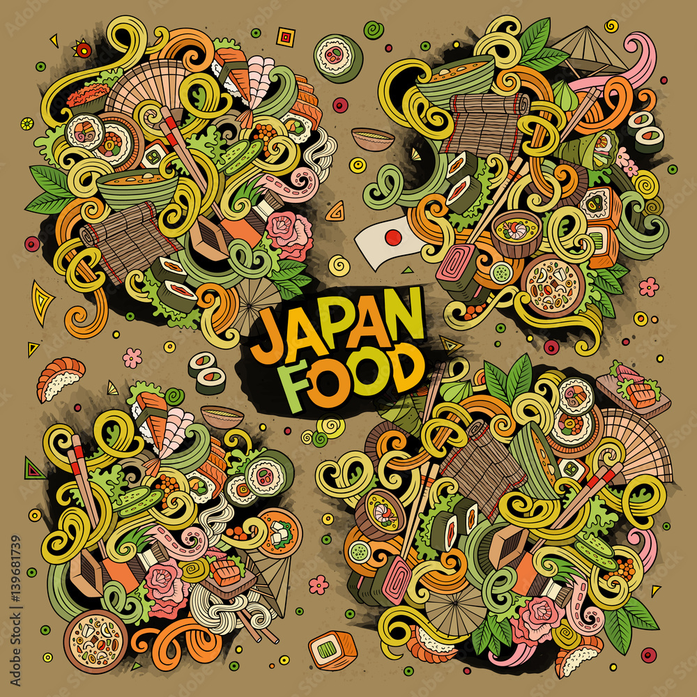 Vector cartoon set of Japan food doodles designs