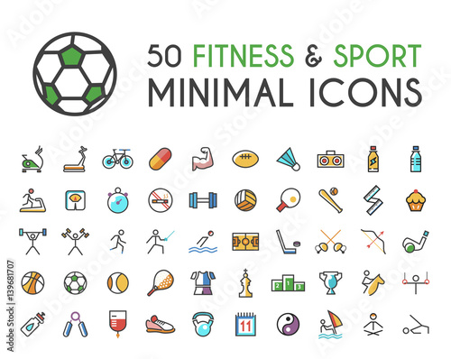 Set of 50 Minimalistic Solid Line Coloured Fitness and Sport Icons . Isolated Vector Elements