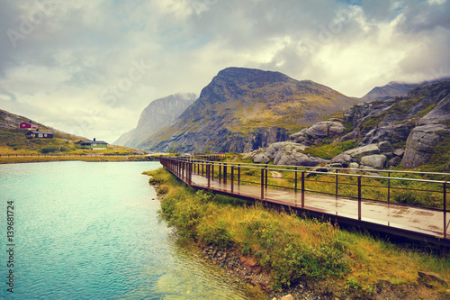 The metal pathway along the river on the mountain. Trollstigen, Trolls Path, Norway