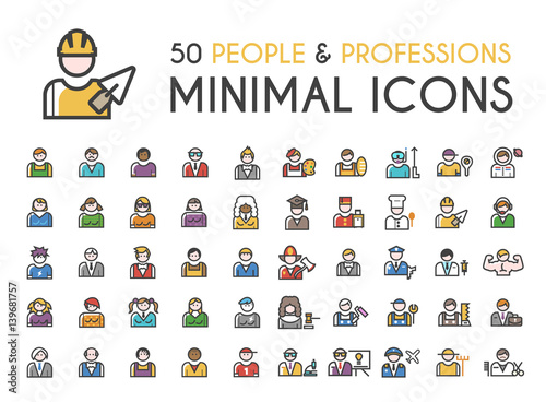 Set of 50 Minimalistic Solid Line Coloured People and Professions Icons . Isolated Vector Elements photo