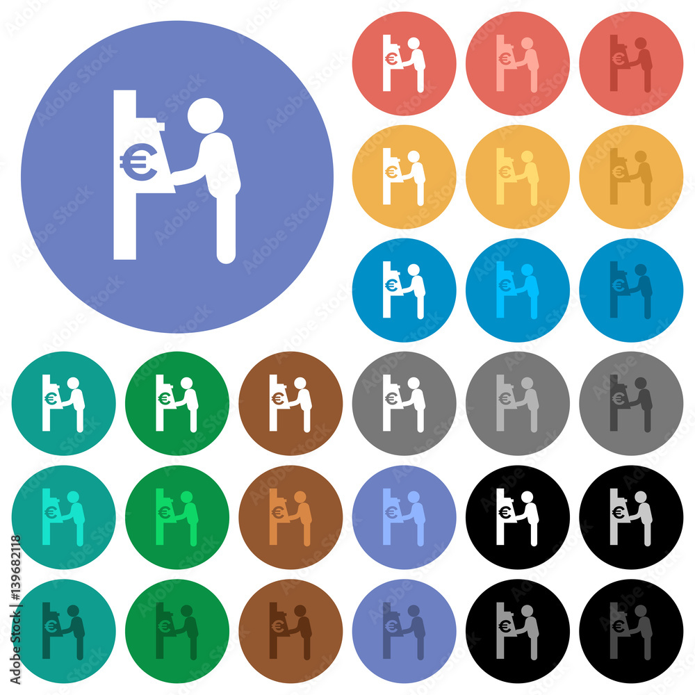 Euro cash machine round flat multi colored icons