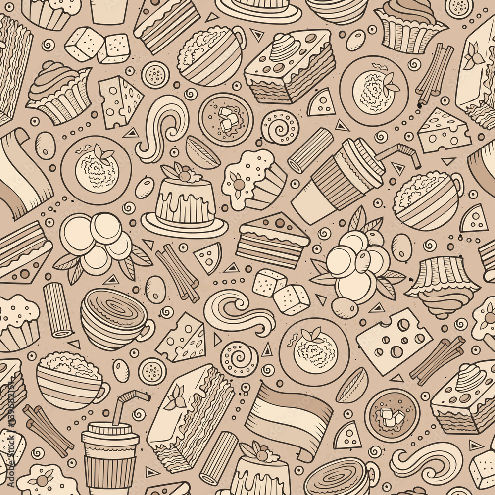 Cartoon cute hand drawn Italian food seamless pattern.