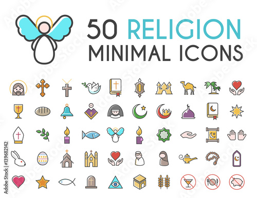 Set of 50 Minimalistic Solid Line Coloured Religion Icons . Isolated Vector Elements