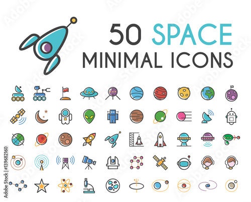 Set of 50 Minimalistic Solid Line Coloured Space Icons . Isolated Vector Elements