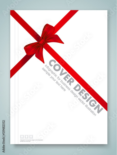 Cover report and red ribbon with bow with tails on background. vector eps 10