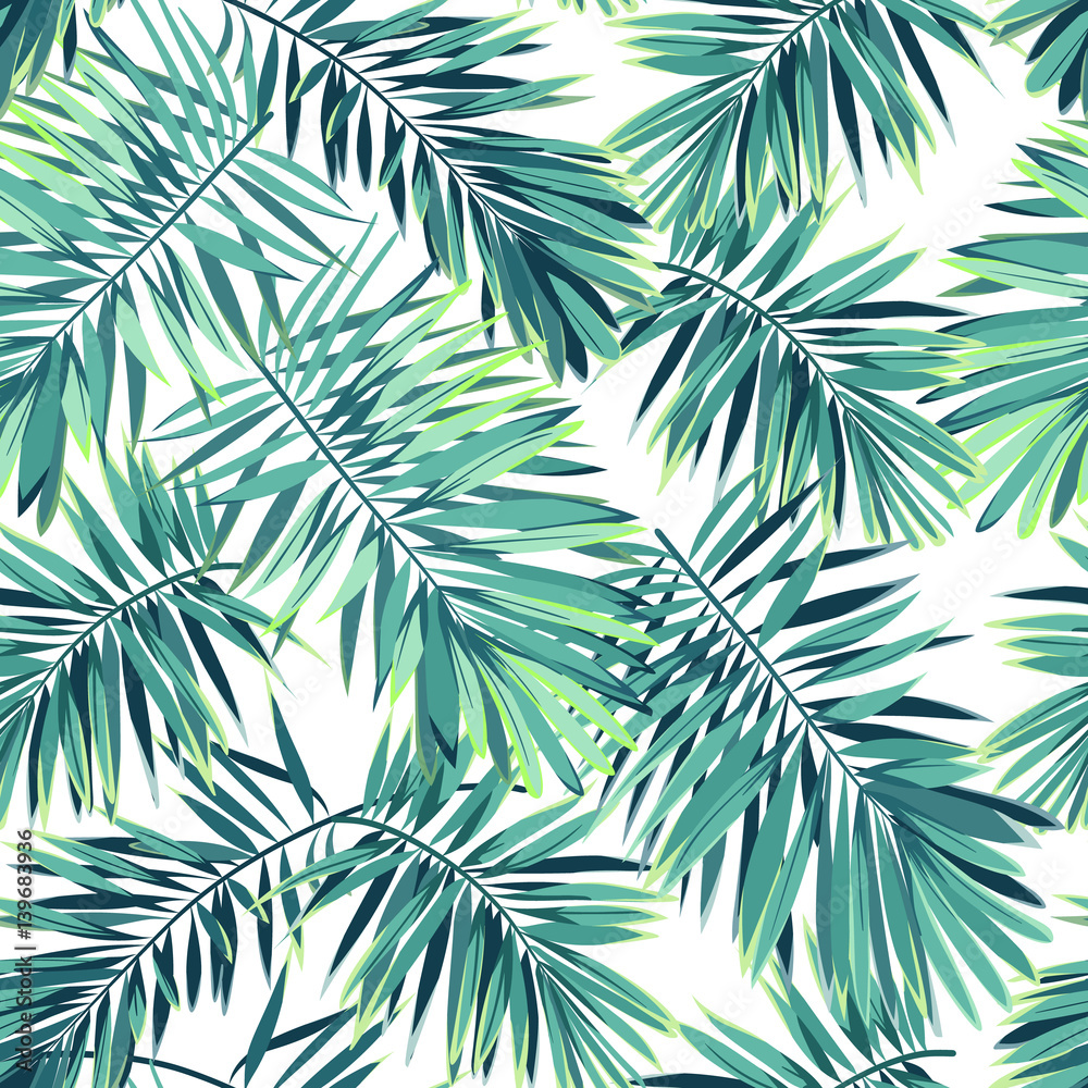 Tropical pattern with exotic plants. Seamless vector tropical pattern with green phoenix palm leaves.