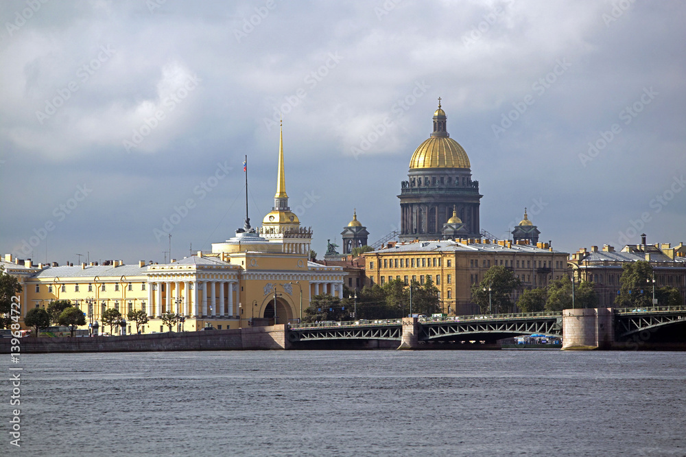 View of the Admiralty and St. Isaac's Cathedral on the river Neva in St Petersburg, Russian Federation