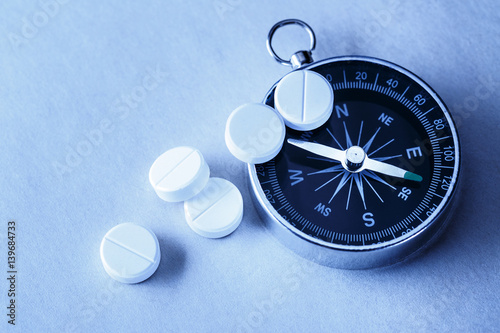 White aspirin pills and compass photo