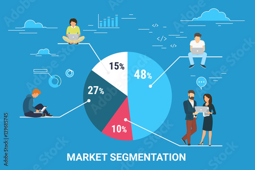 Market segmentation infographic vector illustration of professional people sitting on round diagram with divided segments. Flat people working with laptop to develop business. Blue business background