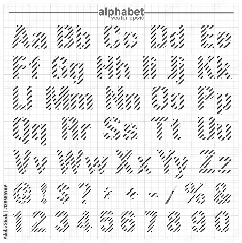 Blueprint style sketch font alphabet. vector eps10.