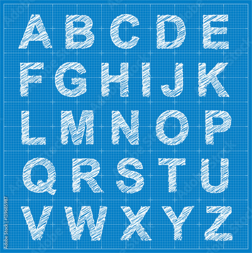 Blueprint style sketch font alphabet. vector eps10.