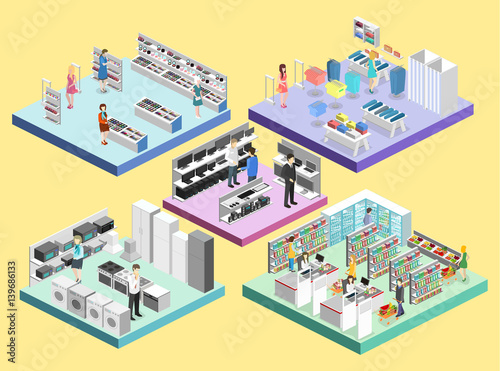 isometric interior shopping mall, grocery, computer, household, equipment store.