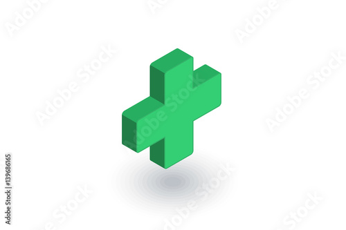 first aid, pharmacy, medical cross isometric flat icon. 3d vector colorful illustration. Pictogram isolated on white background