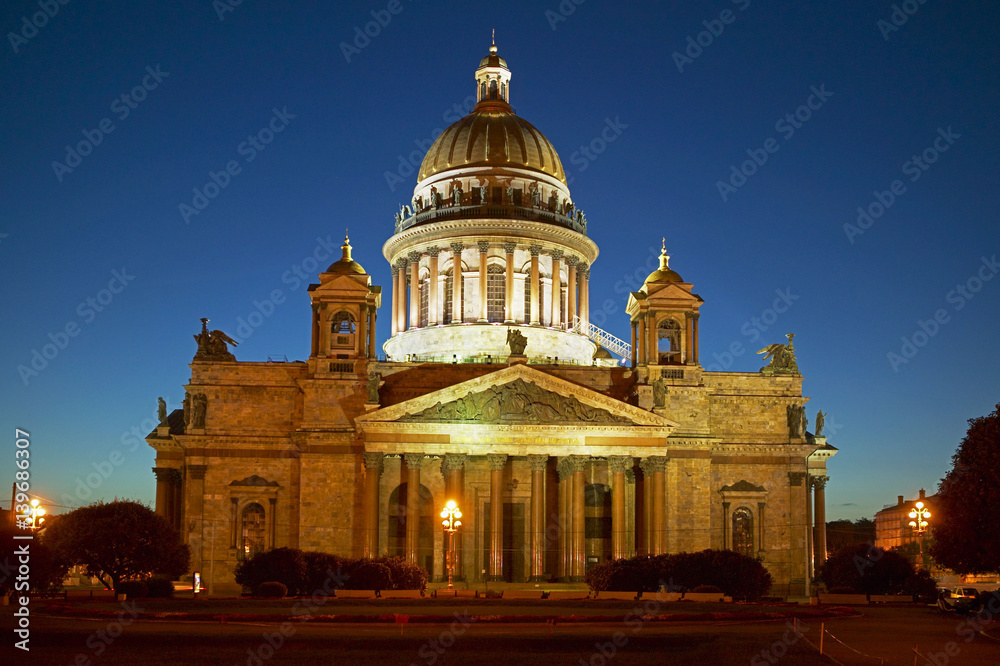 St. Isaac's Cathedral on Isaac square at night in St. Petersburg, Russian Federation