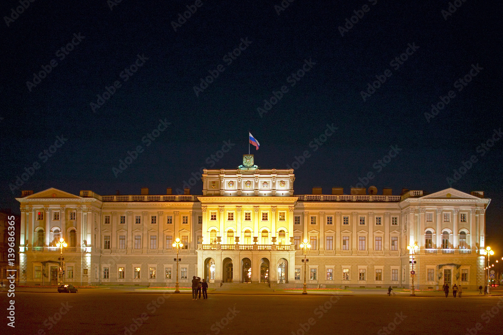 Mariinskiy Palace at Night in St. Petersburg, Russian Federation
