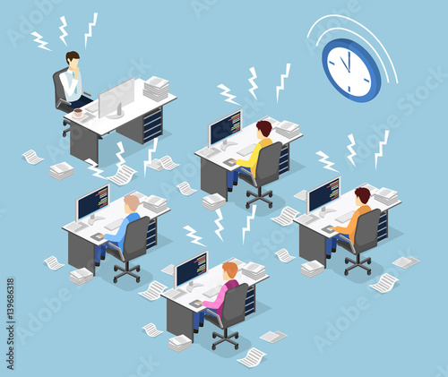 Isometric flat 3D Deadline Concept of overworked man.