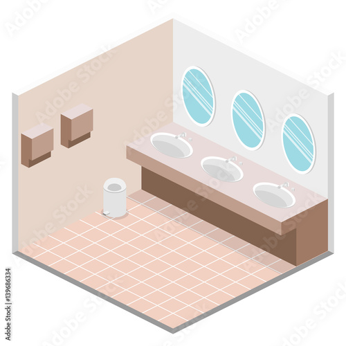Isometric flat 3D isolated vector cutaway interior of public toilet