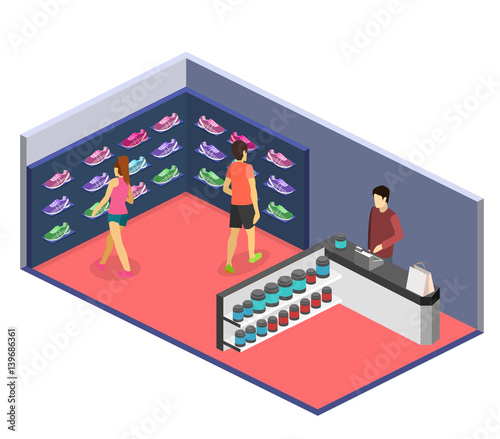 Isometric flat 3D isolated cflat illustration sports shoes shop. set of sneakers