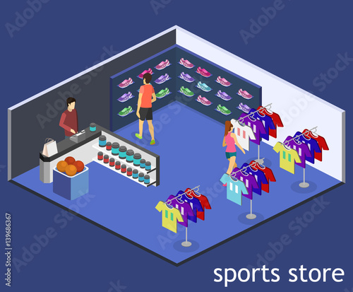 Isometric flat 3D vector interior goods for the sports shop.