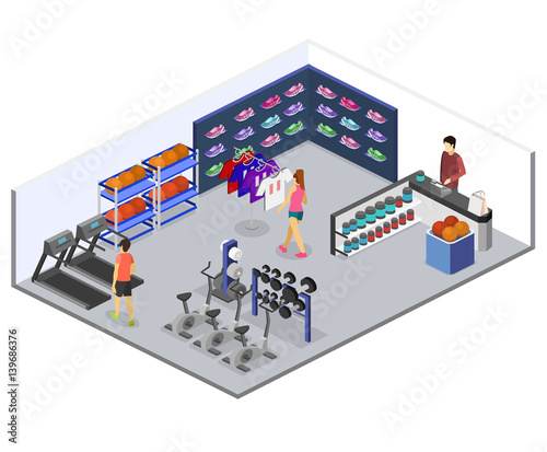 Isometric flat 3D vector interior goods for the sports shop.