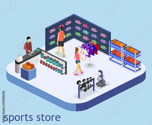 Isometric flat 3D vector interior goods for the sports shop.